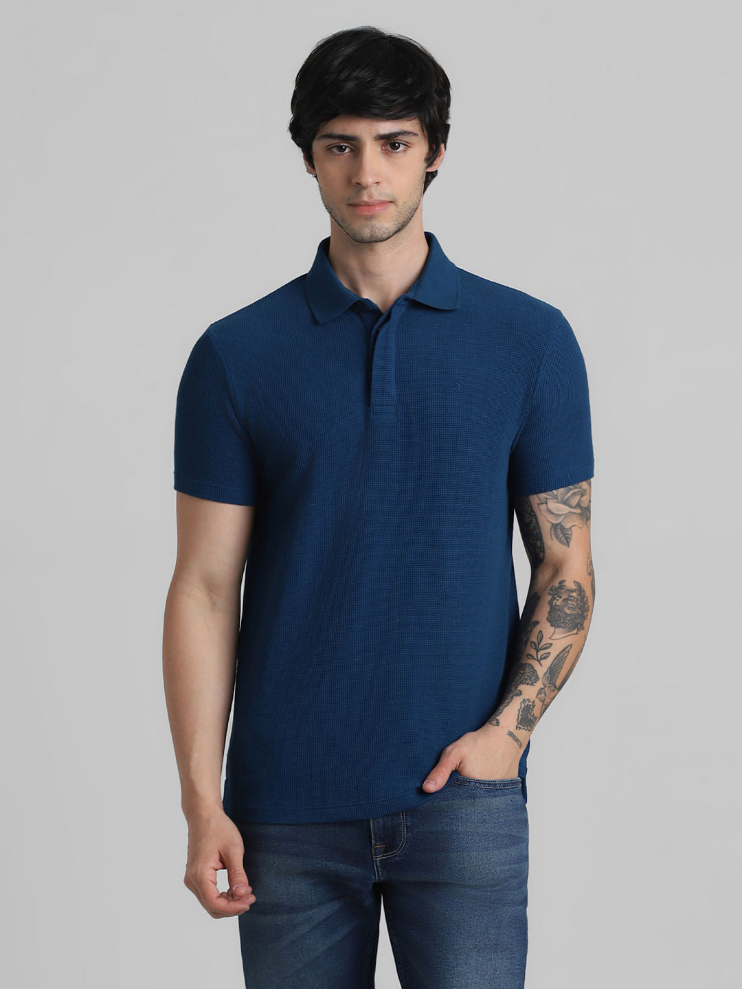 Blue Knitted Polo Neck T-shirt