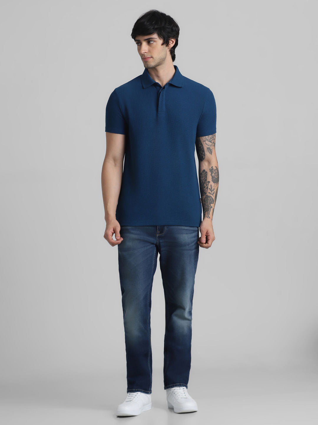 Blue Knitted Polo Neck T-shirt