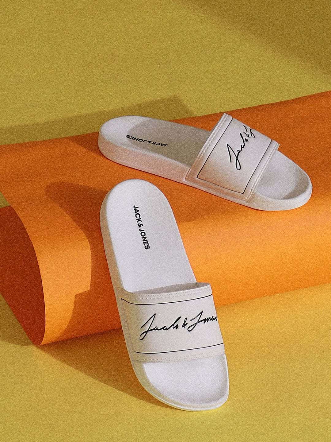 White Cursive Logo Print Sliders