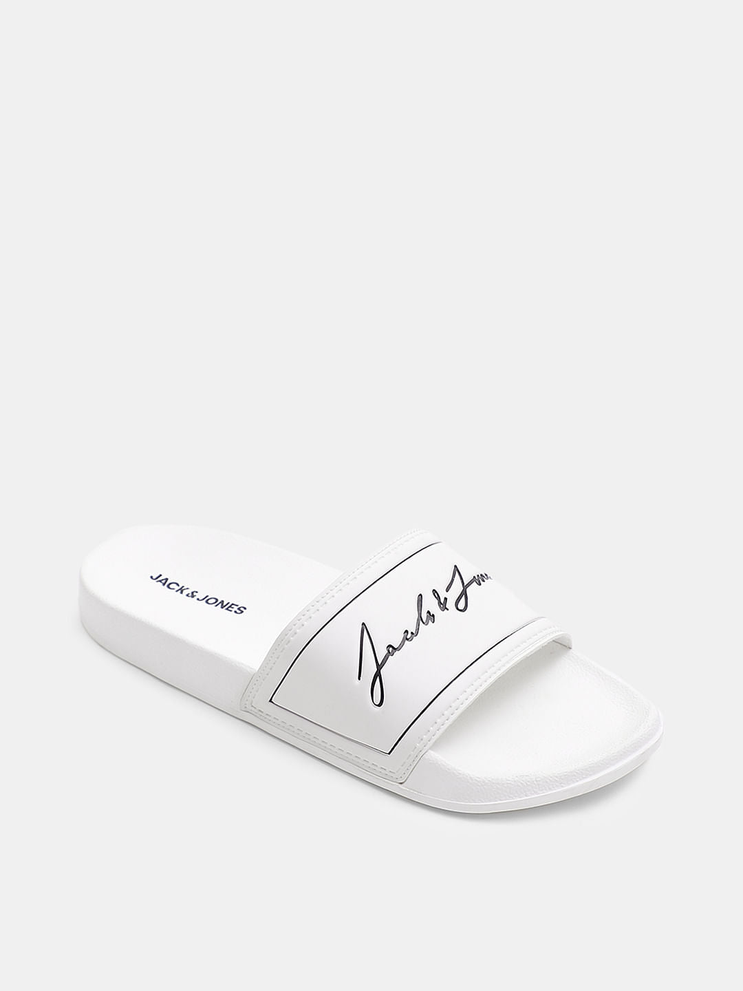 White Cursive Logo Print Sliders