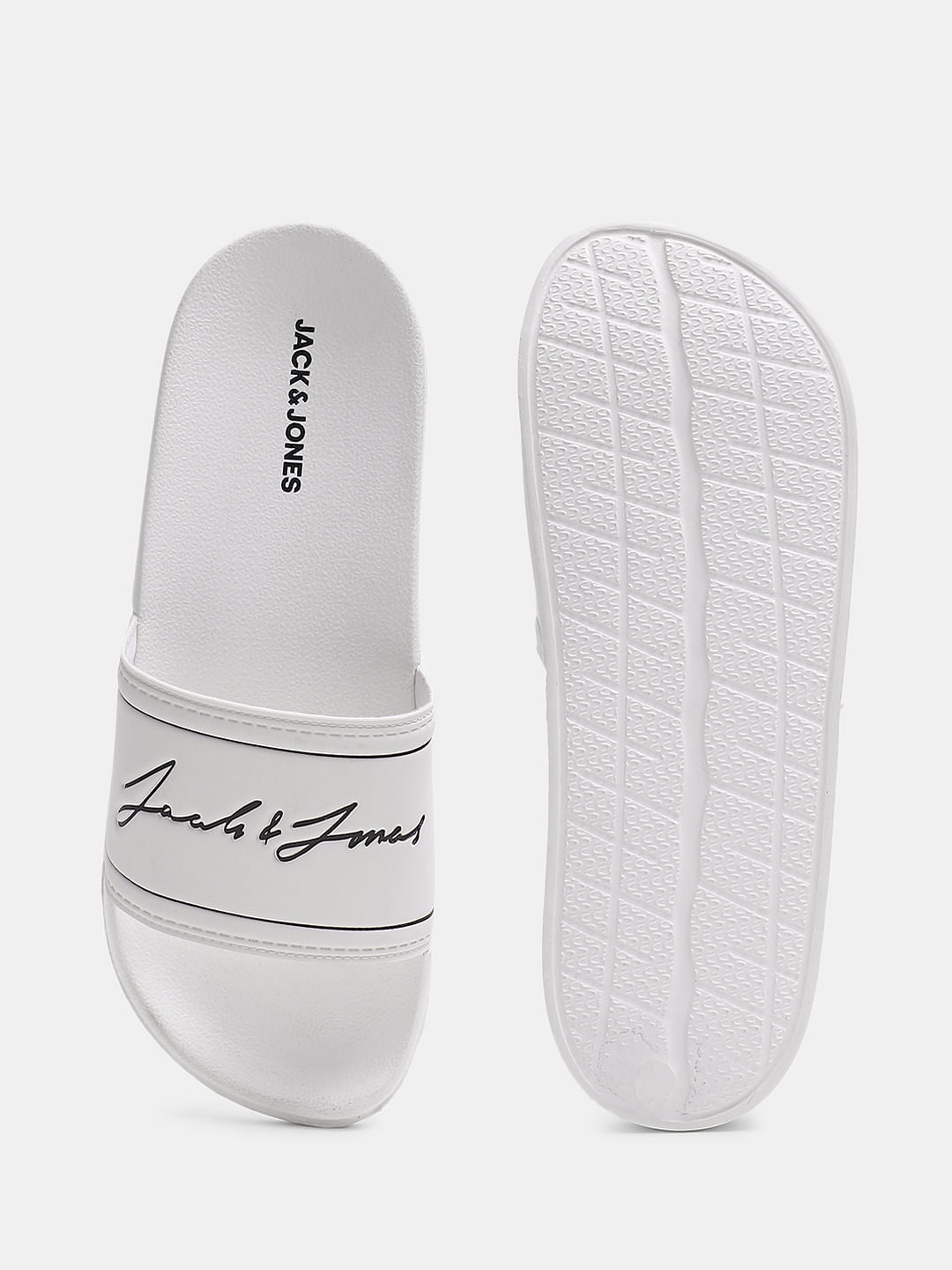 White Cursive Logo Print Sliders