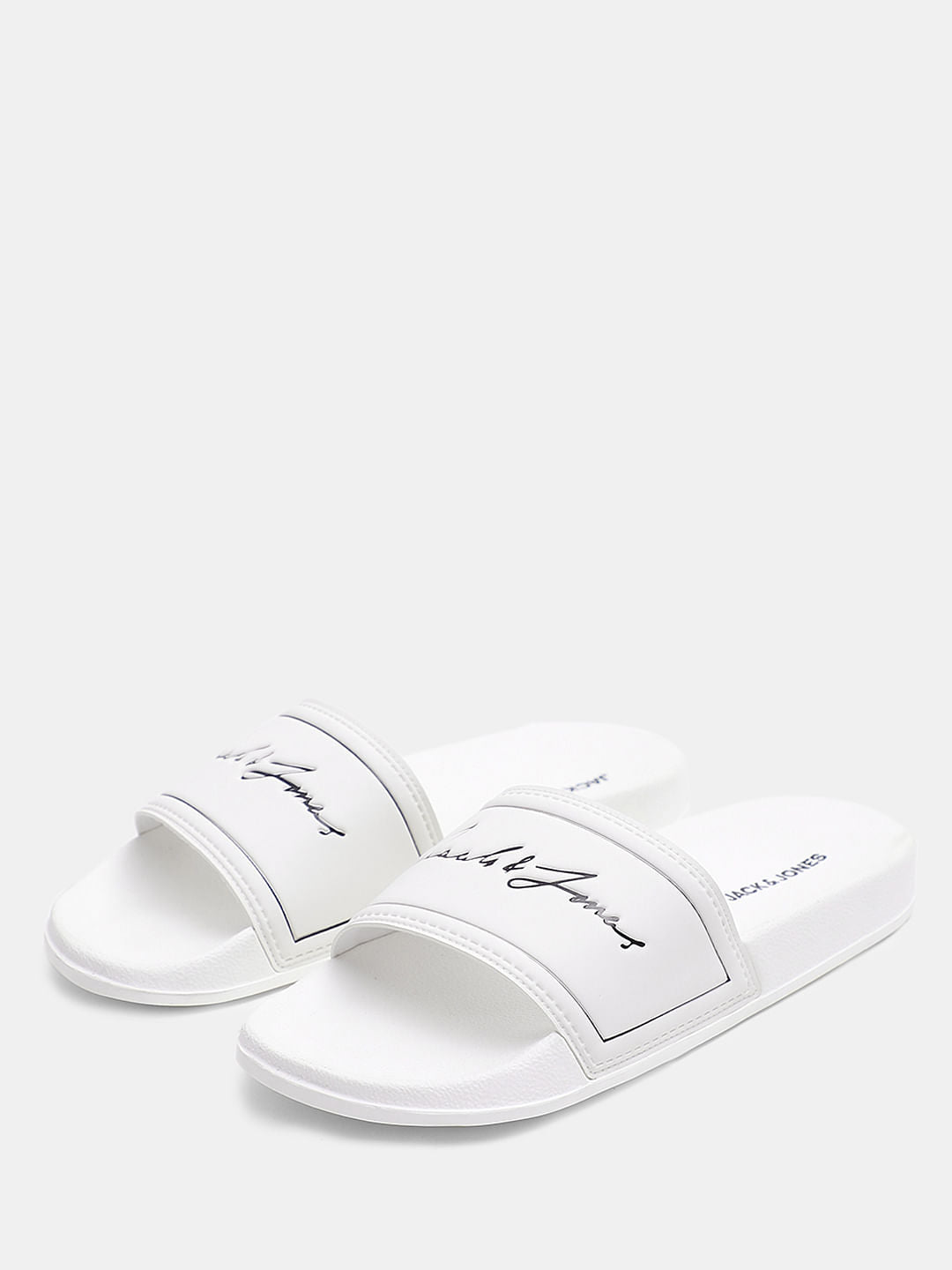 White Cursive Logo Print Sliders
