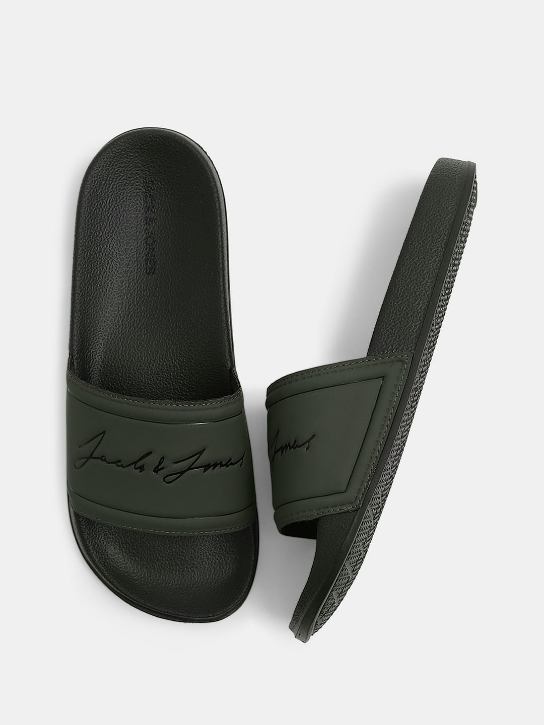 Olive Cursive Logo Print Pool Sliders