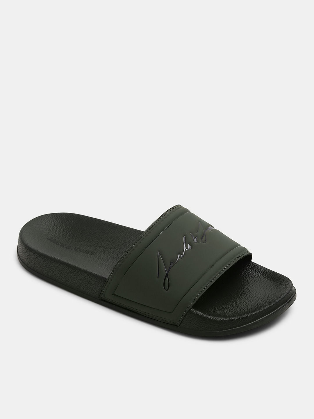 Olive Cursive Logo Print Pool Sliders