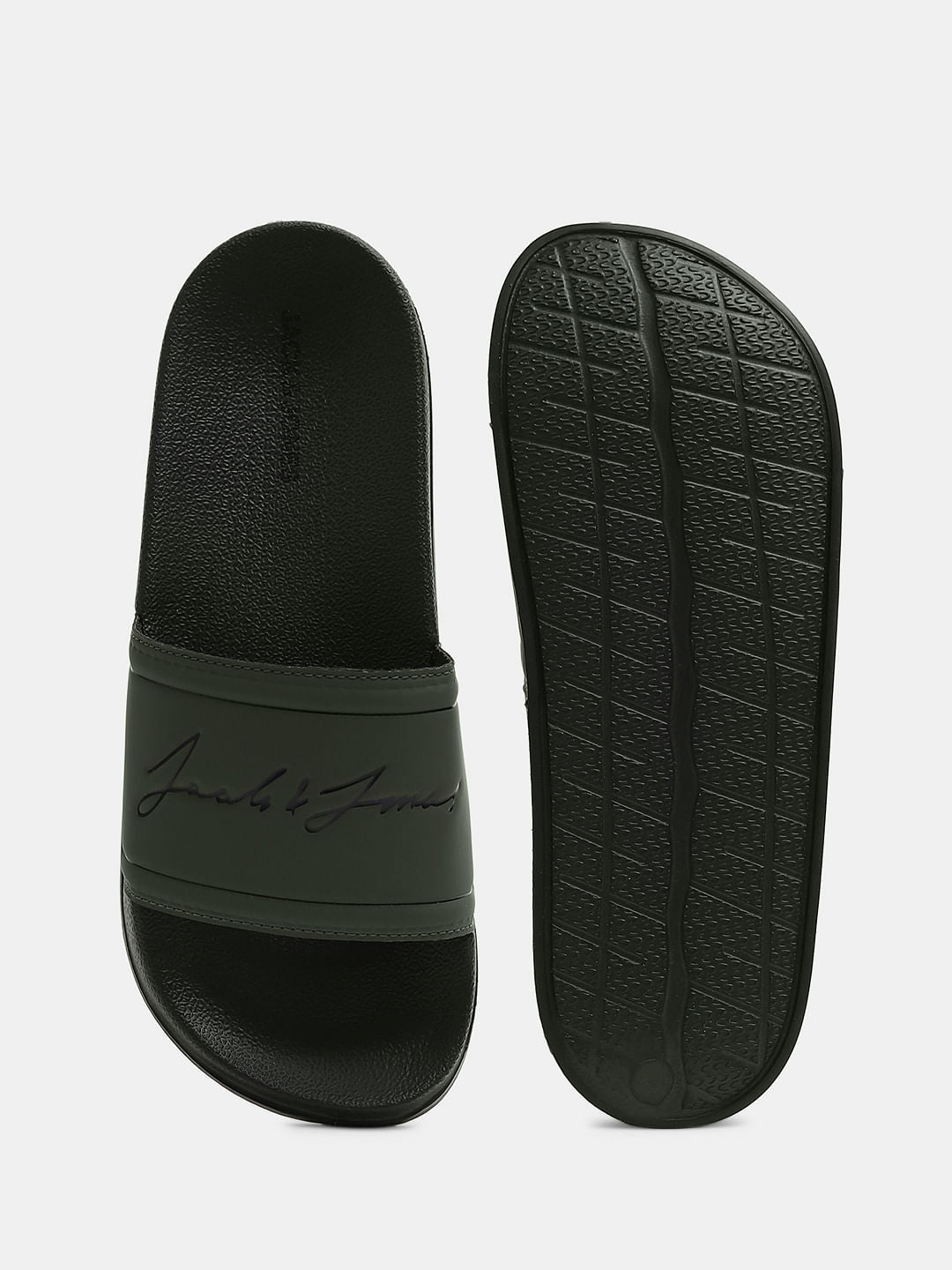 Olive Cursive Logo Print Pool Sliders