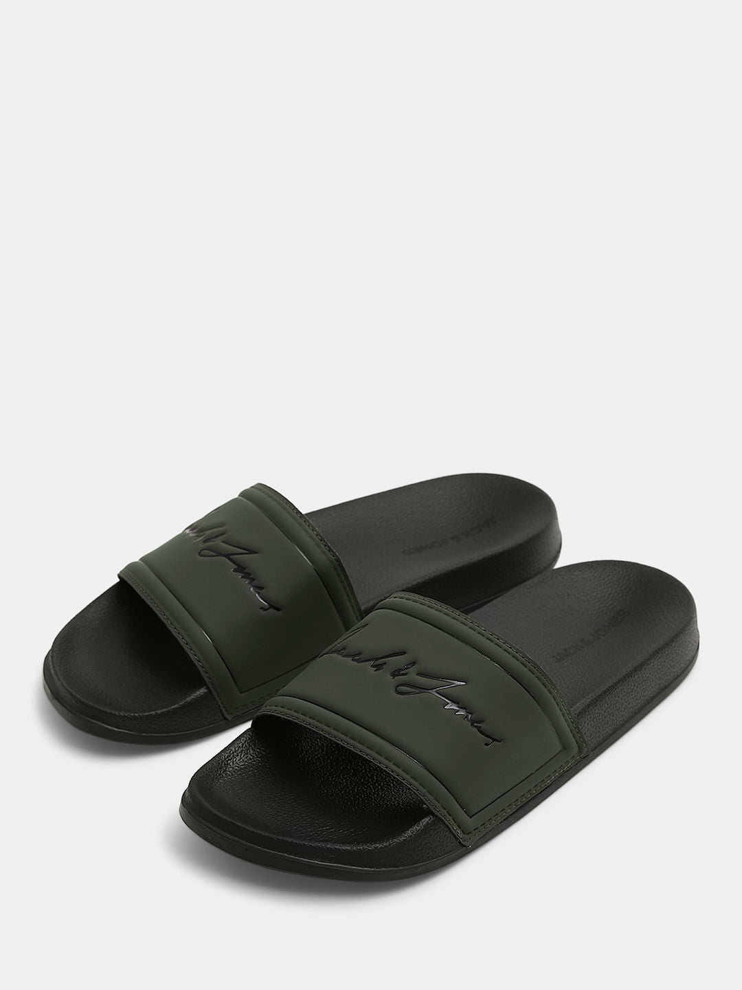 Olive Cursive Logo Print Pool Sliders