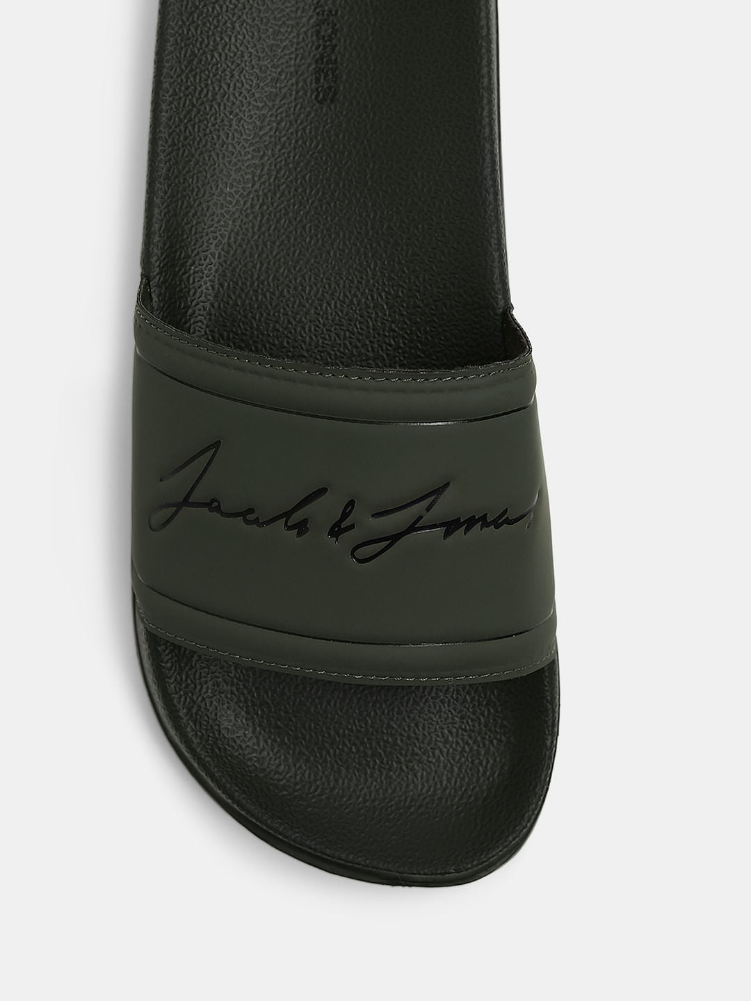 Olive Cursive Logo Print Pool Sliders