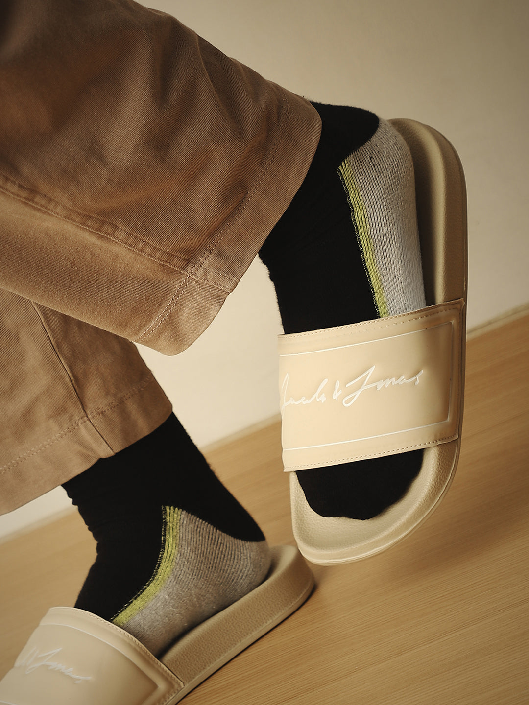 Beige Cursive Logo Pool Sliders