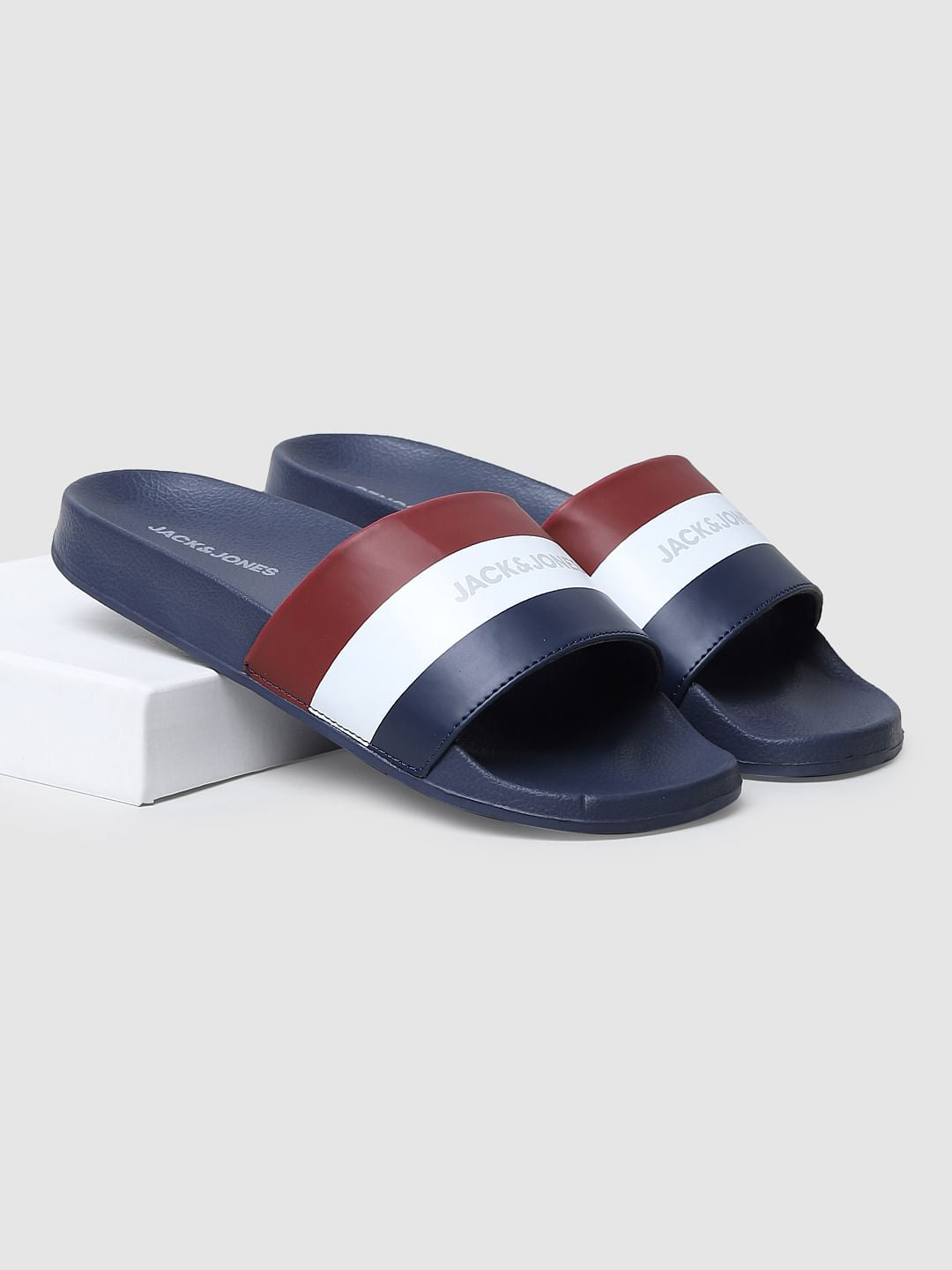 Navy Blue Striped Slides
