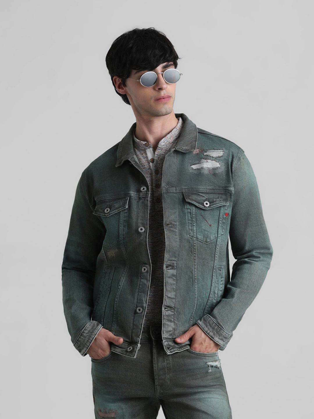 URBAN RACERS by JACK&JONES Green Distressed Denim Jacket