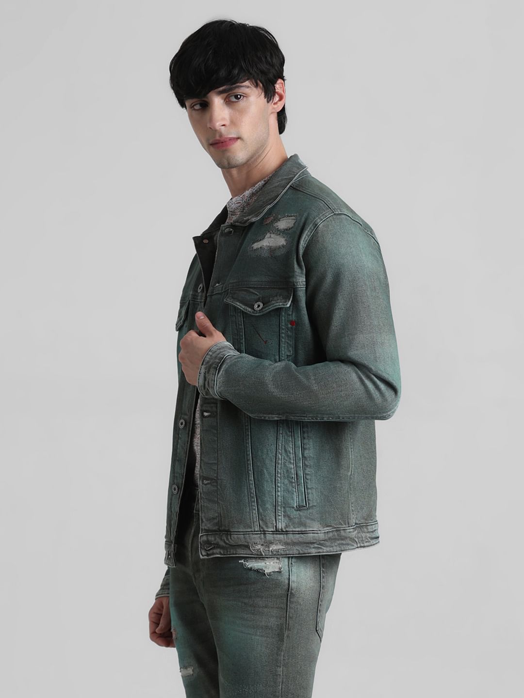 URBAN RACERS by JACK&JONES Green Distressed Denim Jacket