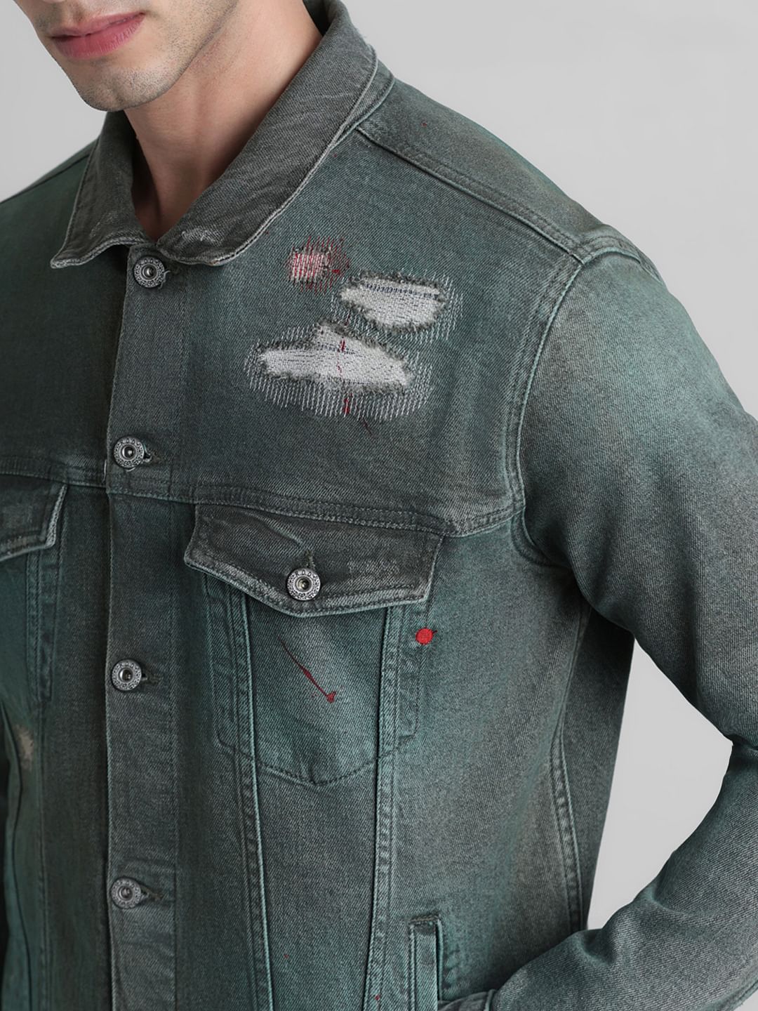 URBAN RACERS by JACK&JONES Green Distressed Denim Jacket
