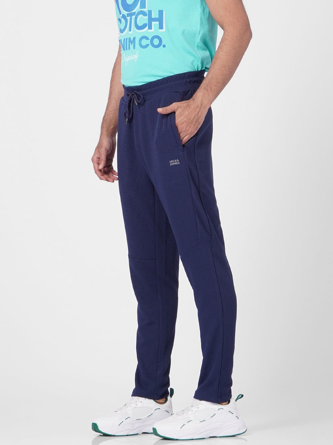 Navy Blue Mid Rise Logo Print Trackpants