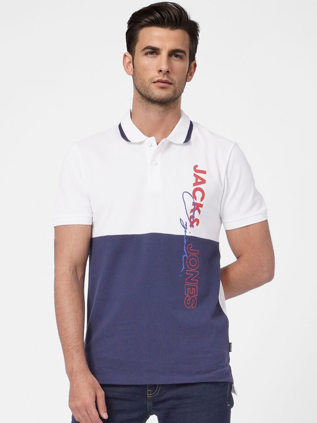 White Colourblocked Polo T-shirt