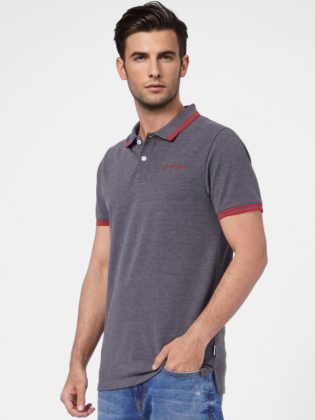 Grey Contrast Tipping Polo T-shirt