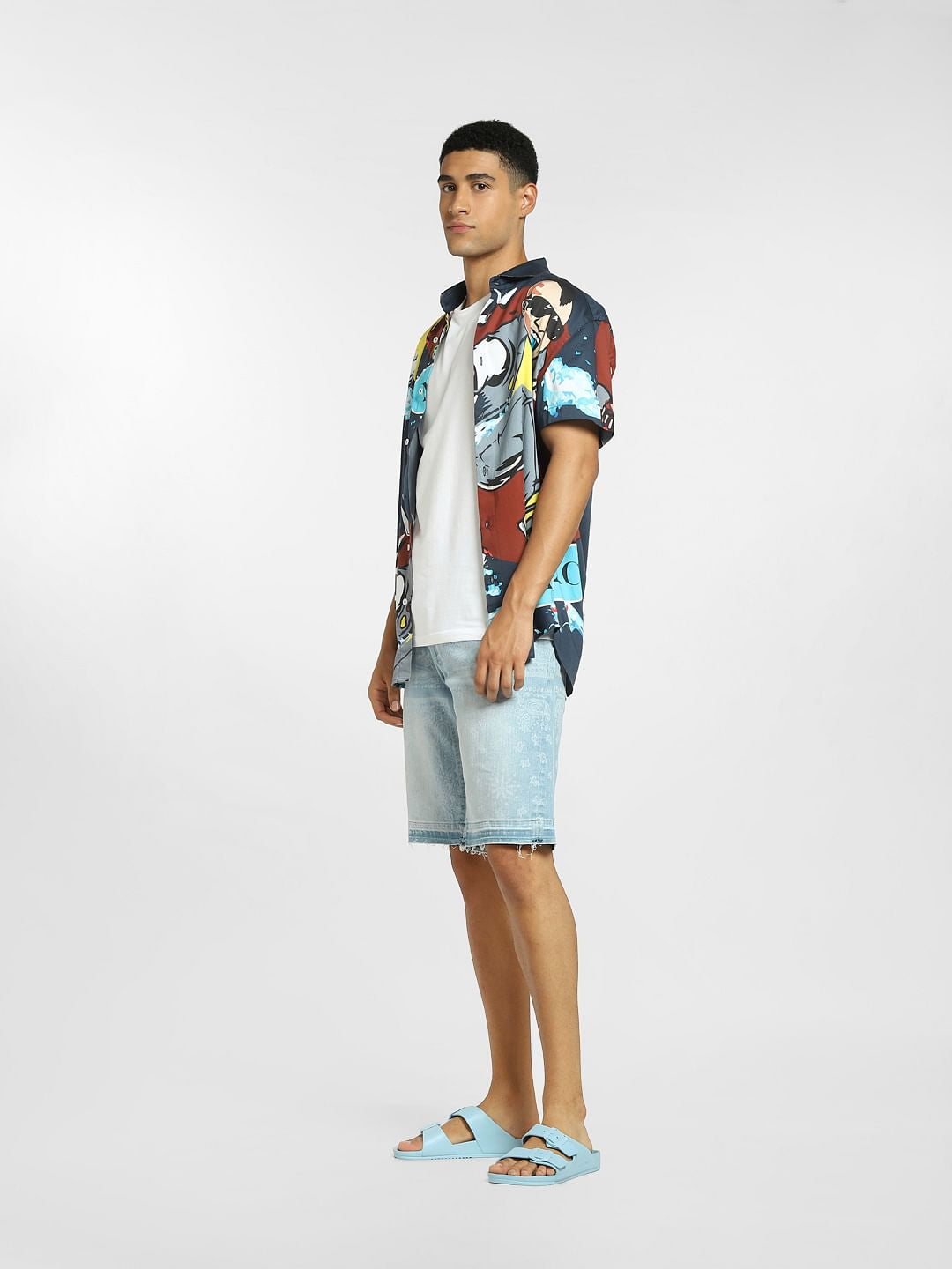 Light Blue Paisley Print Denim Shorts