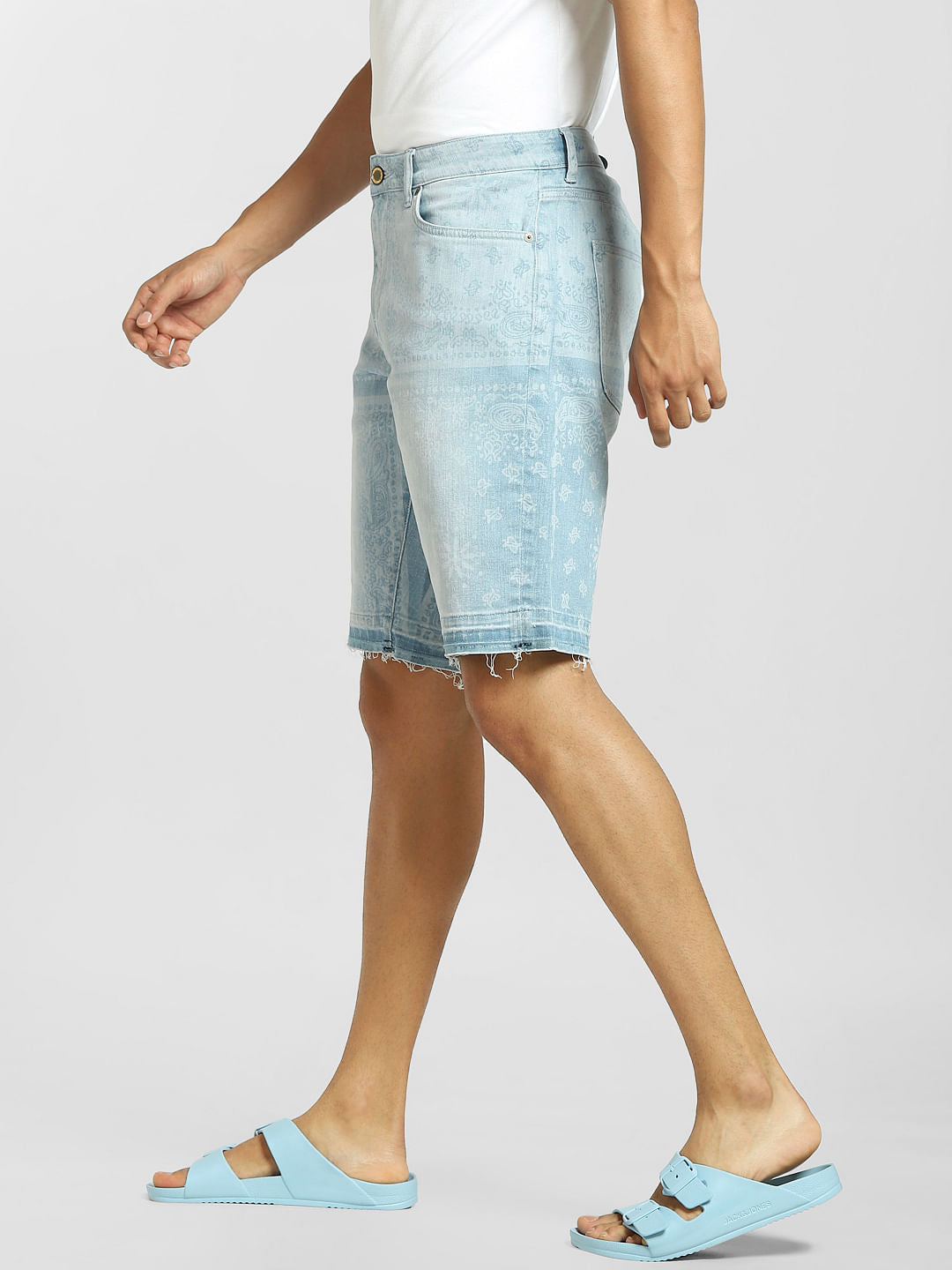 Light Blue Paisley Print Denim Shorts