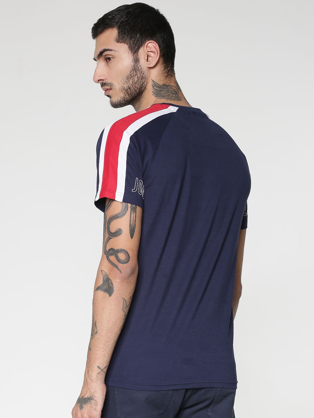 Blue Striped Sleeves Crew Neck T-shirt