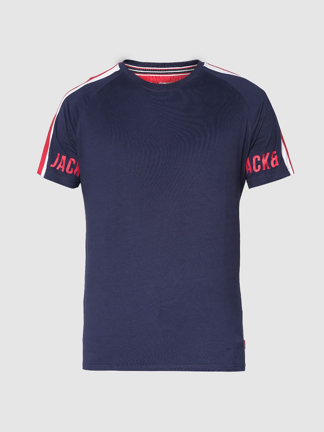Blue Striped Sleeves Crew Neck T-shirt