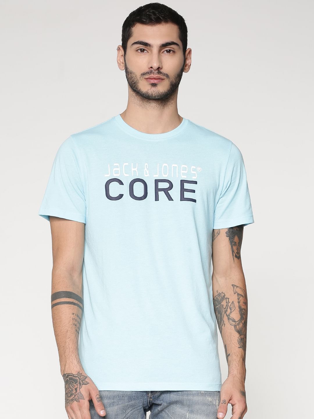Light Blue Logo Print Crew Neck T-shirt