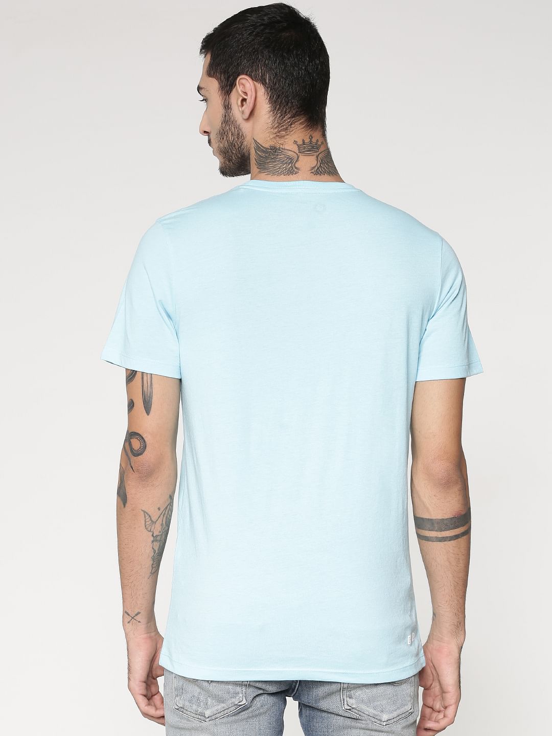 Light Blue Logo Print Crew Neck T-shirt
