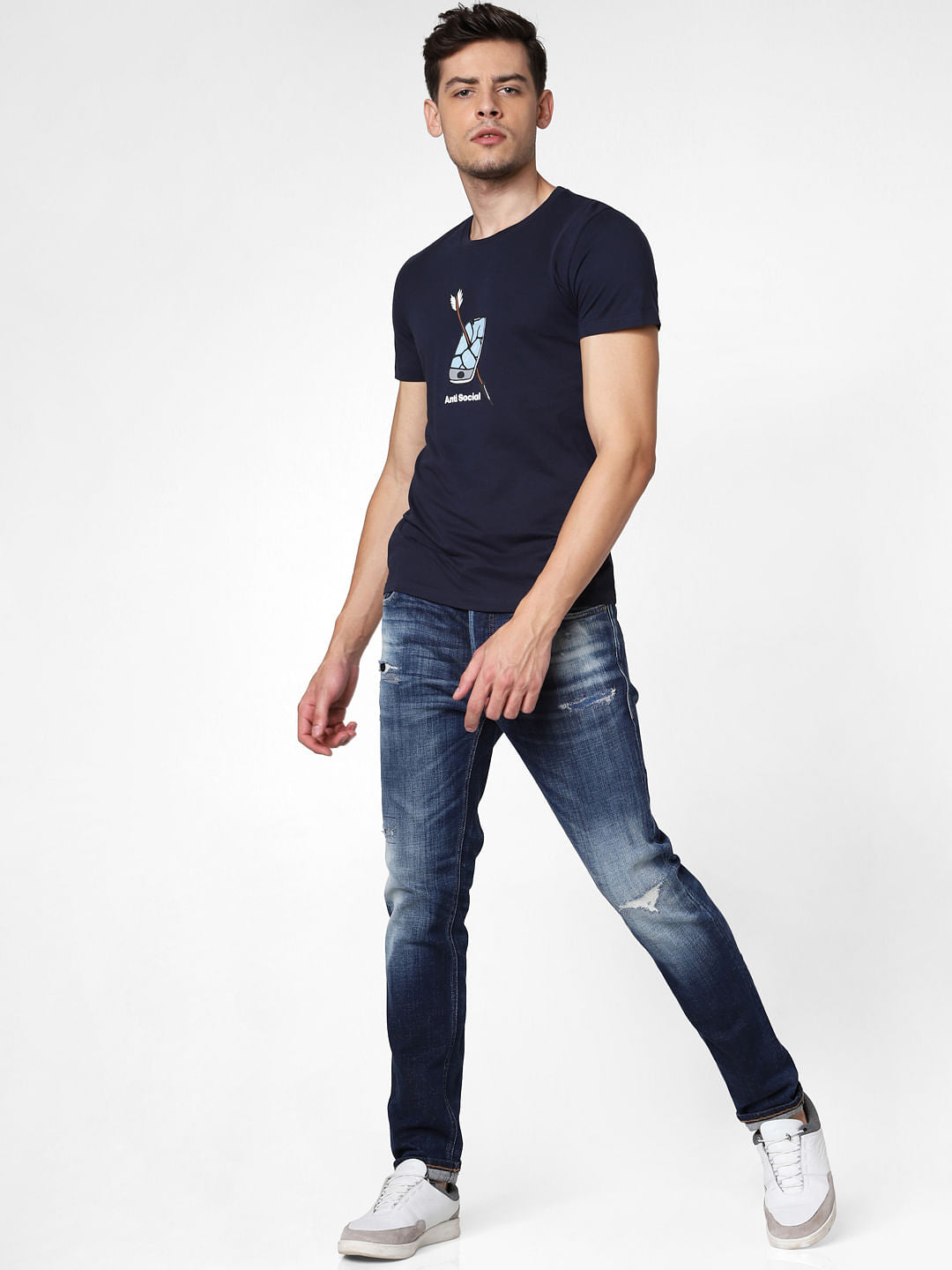 Navy Blue Graphic Print Crew Neck T-shirt