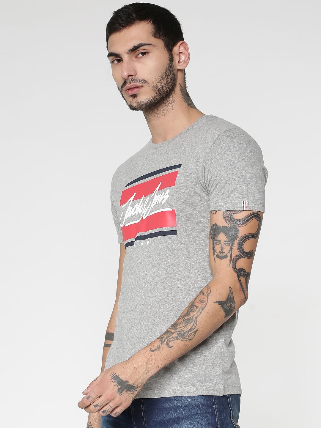 Grey Logo Print Crew Neck T-shirt
