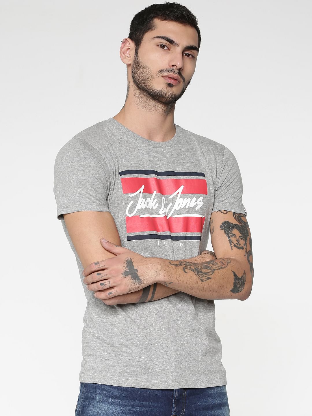 Grey Logo Print Crew Neck T-shirt