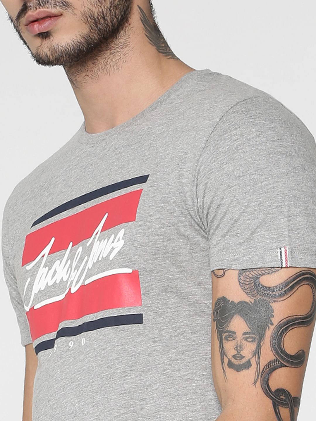 Grey Logo Print Crew Neck T-shirt