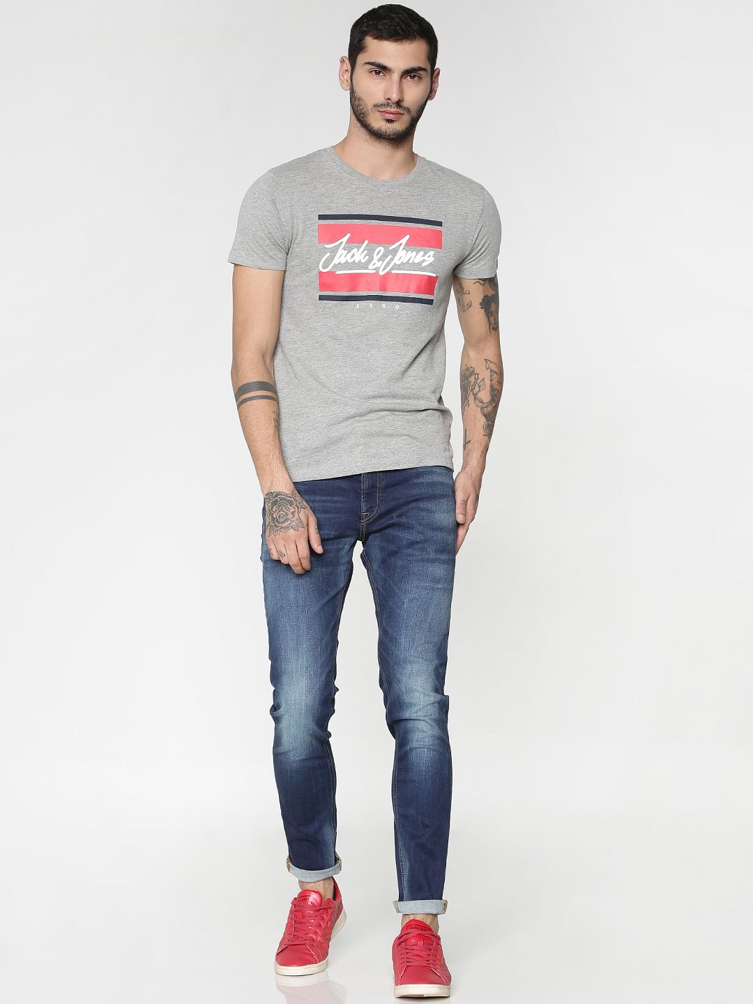 Grey Logo Print Crew Neck T-shirt