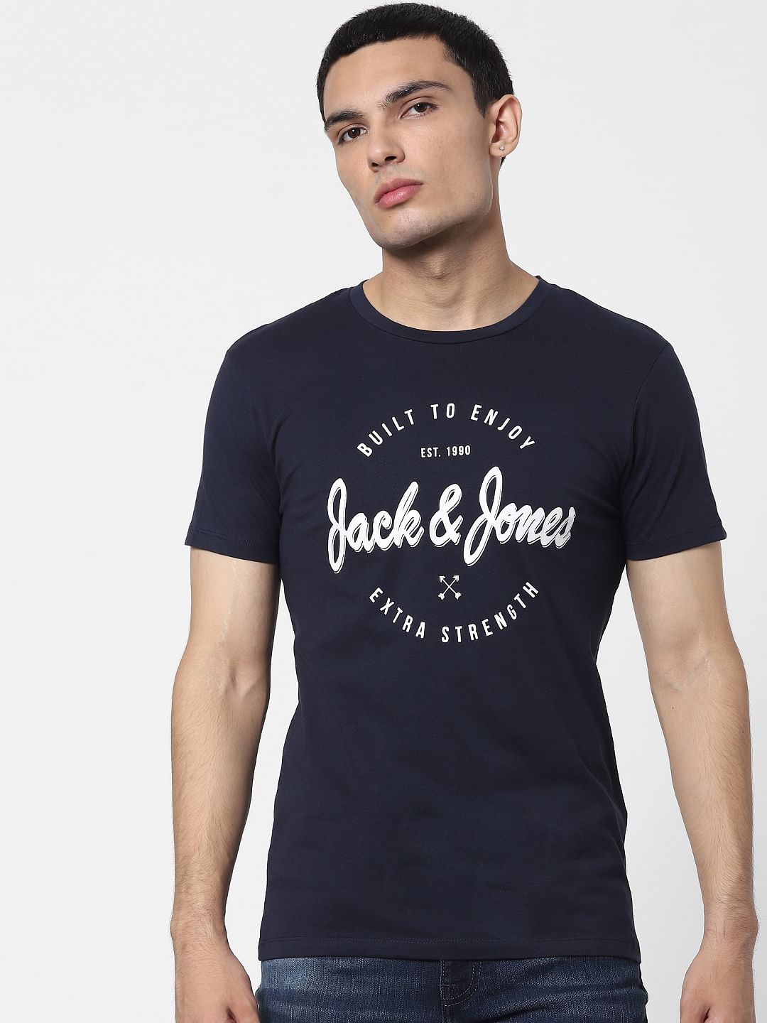 Navy Blue Logo Print Crew Neck T-shirt