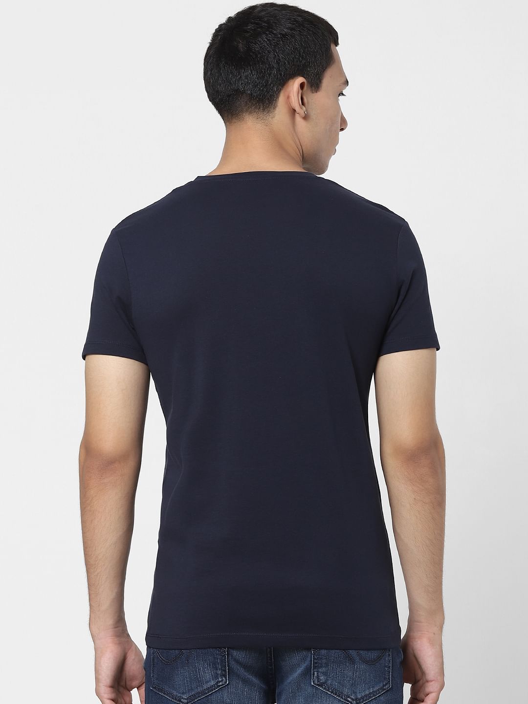 Navy Blue Logo Print Crew Neck T-shirt