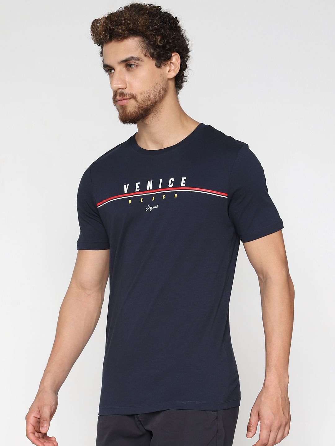 Blue Text Print Crew Neck T-shirt