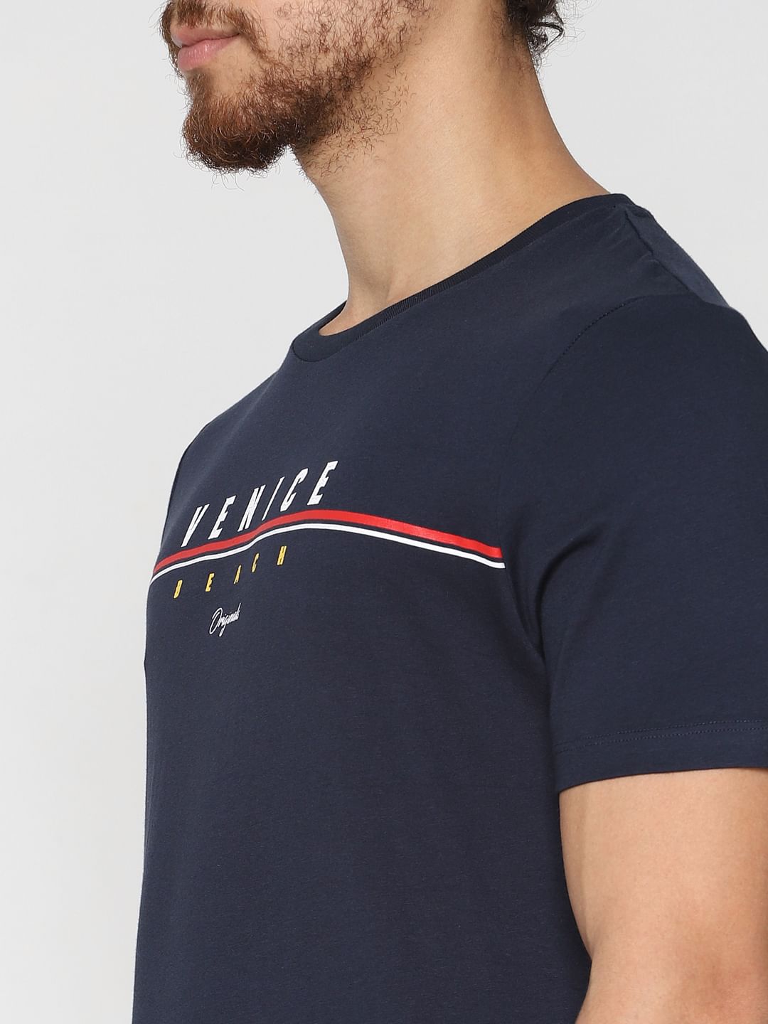 Blue Text Print Crew Neck T-shirt