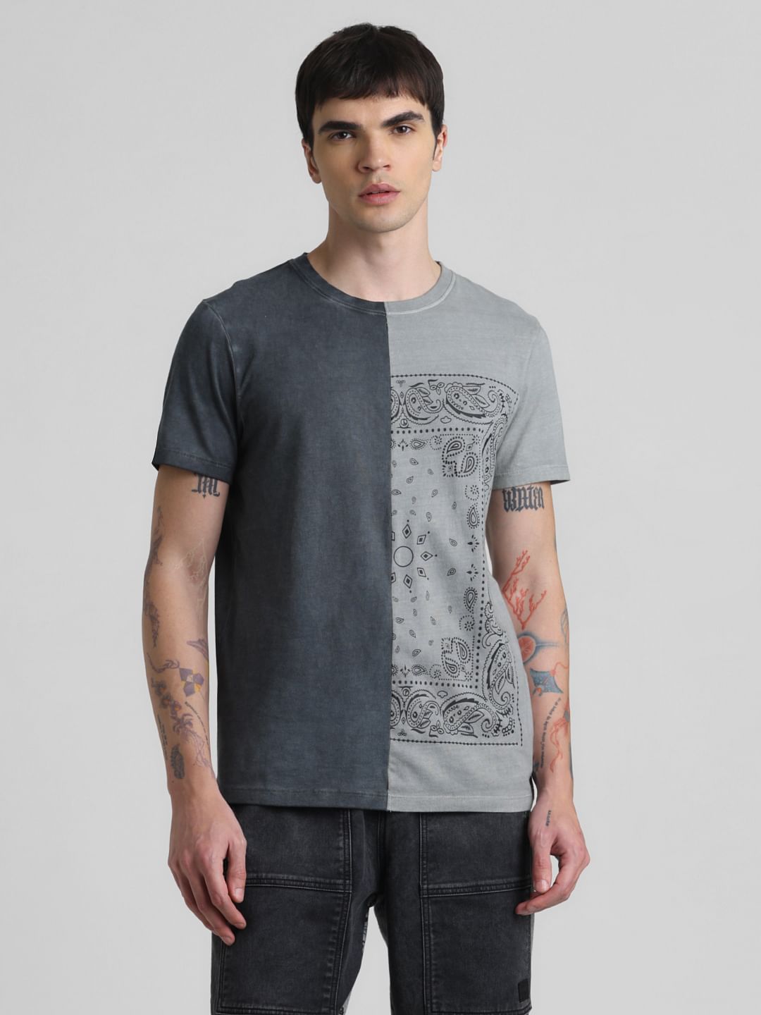 UNMATCHED by JACK&JONES Grey Printed Acid Washed T-shirt