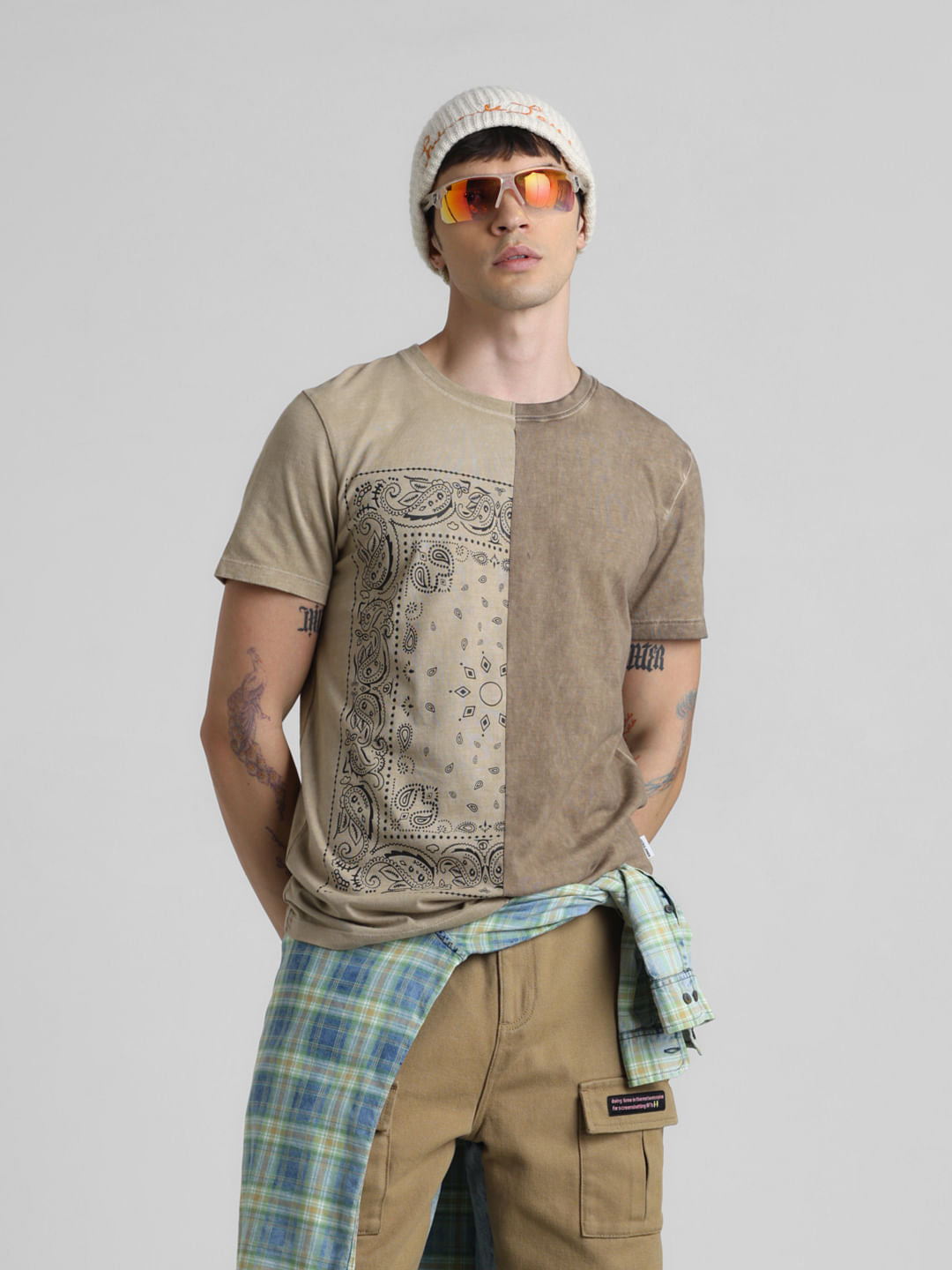 UNMATCHED by JACK&JONES Brown Printed Acid Washed T-shirt