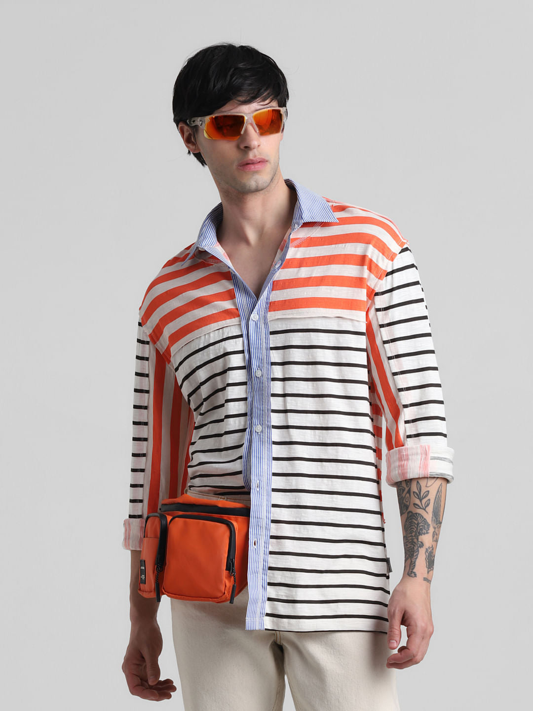 UNMATCHED by JACK&JONES White Striped Colourblocked Shirt