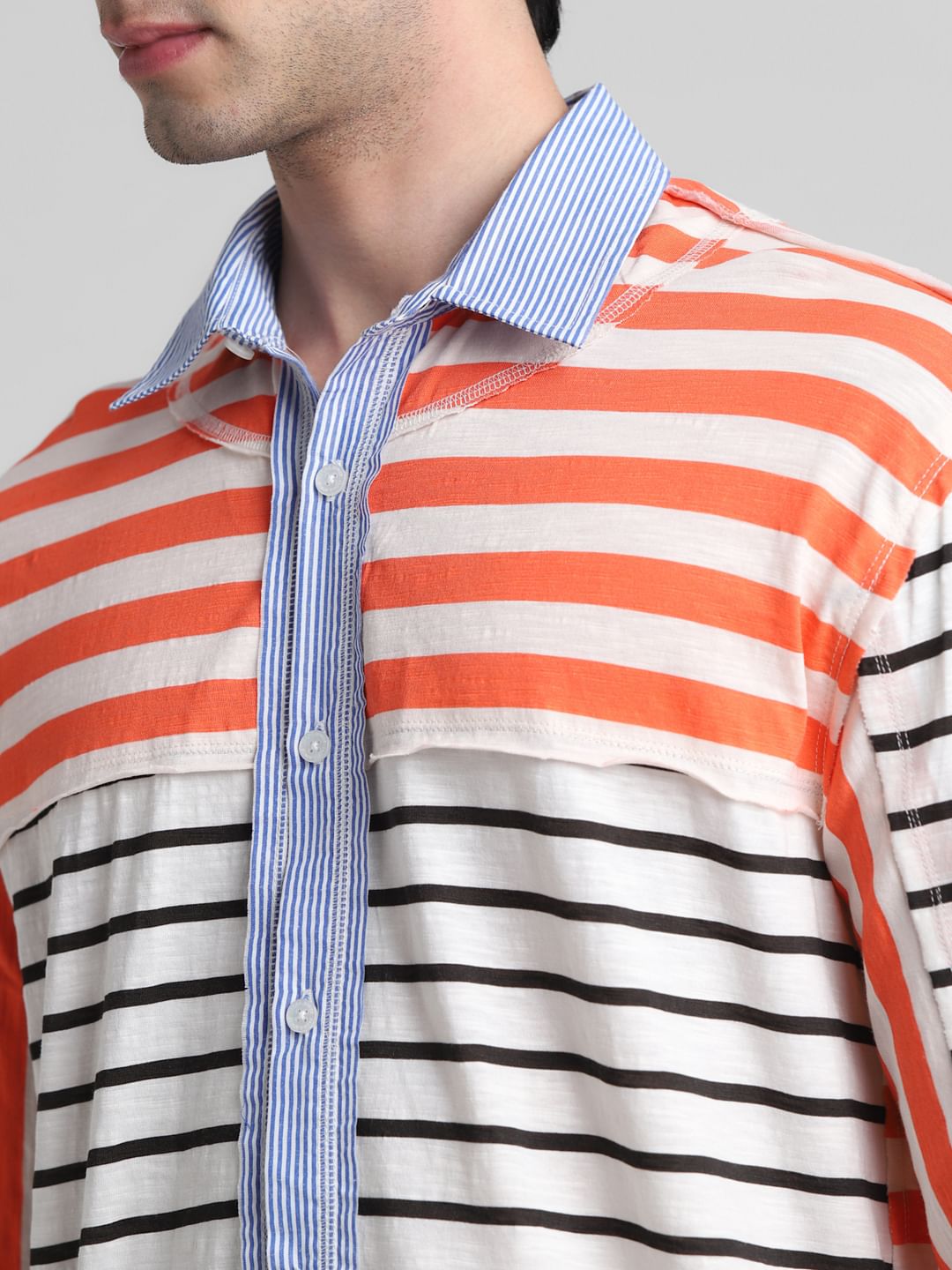 UNMATCHED by JACK&JONES White Striped Colourblocked Shirt