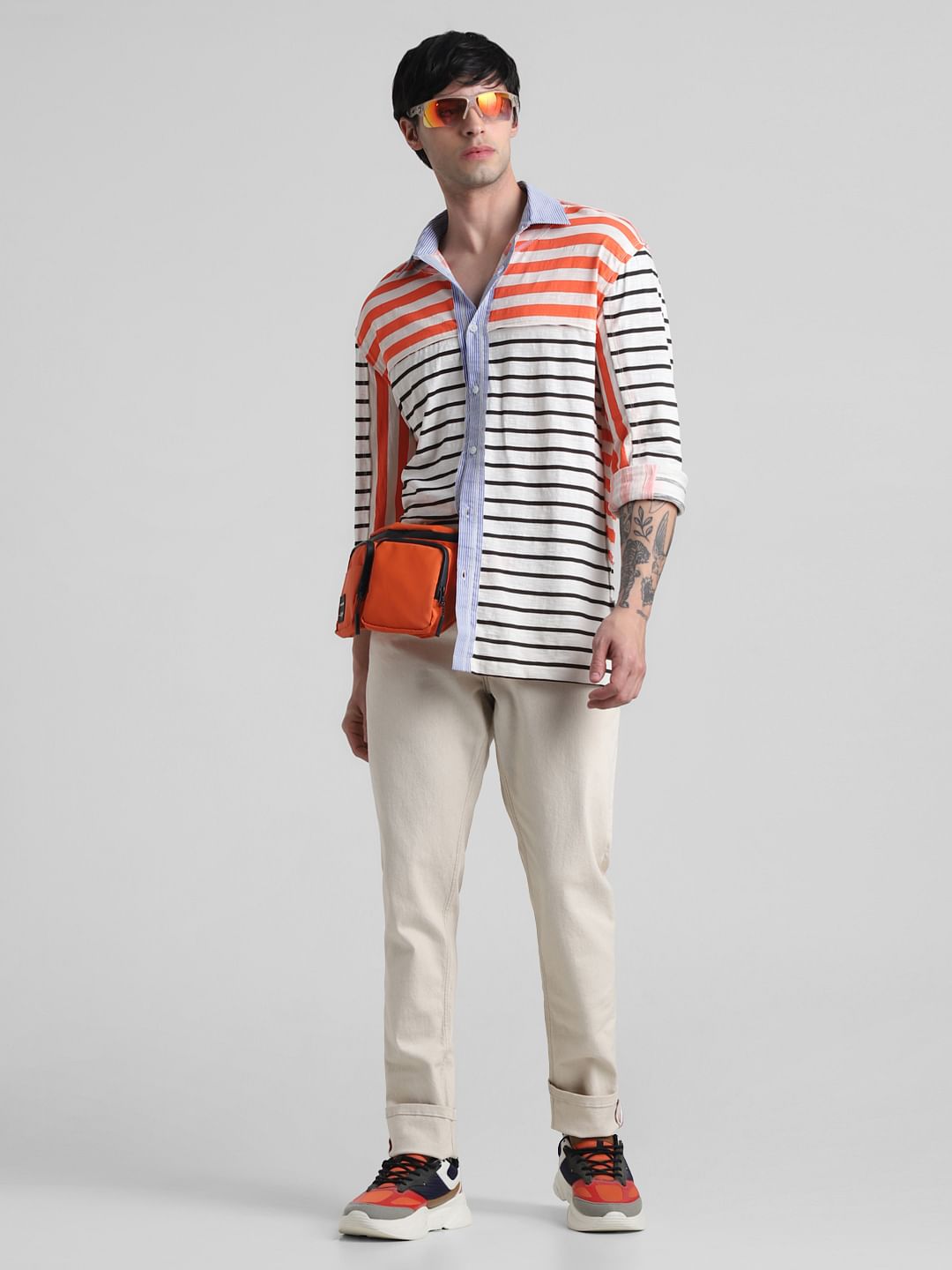 UNMATCHED by JACK&JONES White Striped Colourblocked Shirt