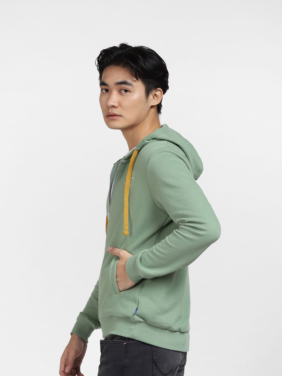 Green Front-Open Hooded Sweatshirt