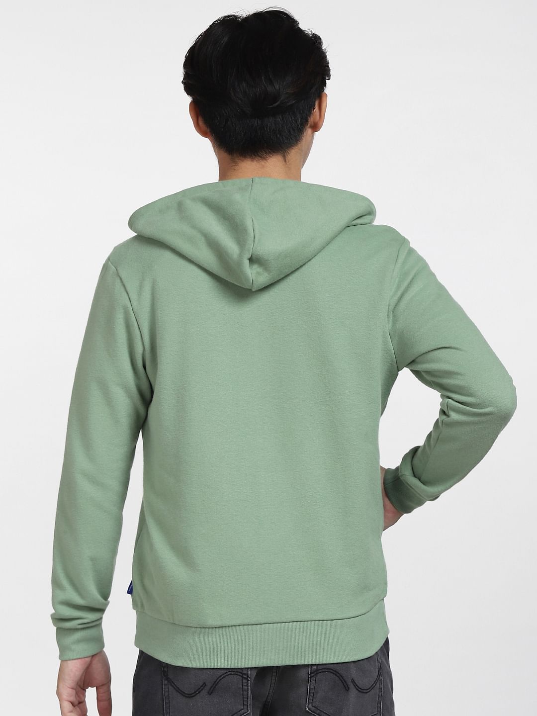 Green Front-Open Hooded Sweatshirt