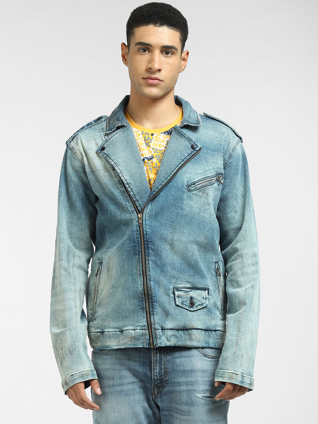 Blue Washed Biker Denim Jacket