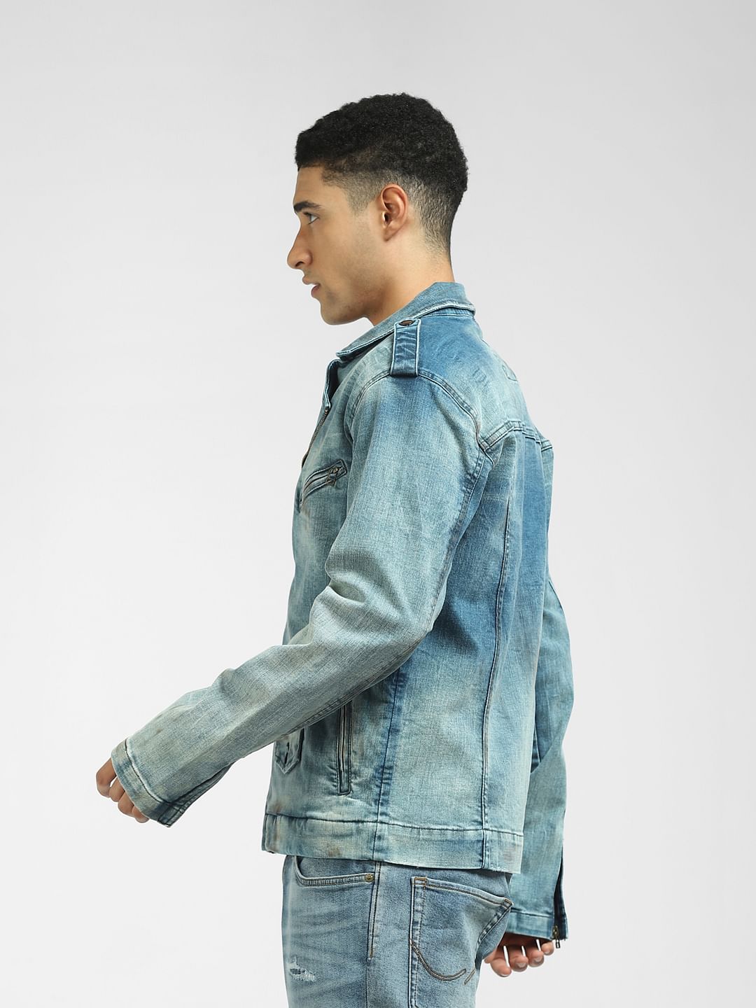 Blue Washed Biker Denim Jacket