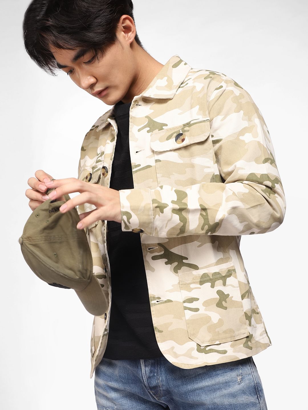 Beige Camo Print Denim Jacket