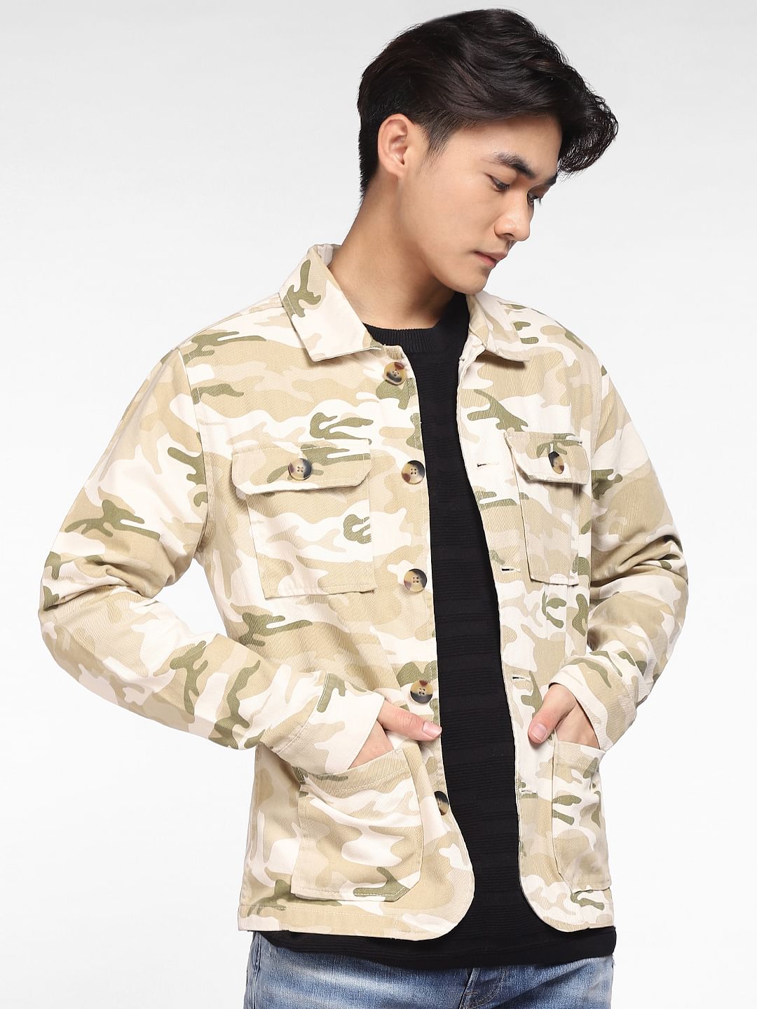Beige Camo Print Denim Jacket