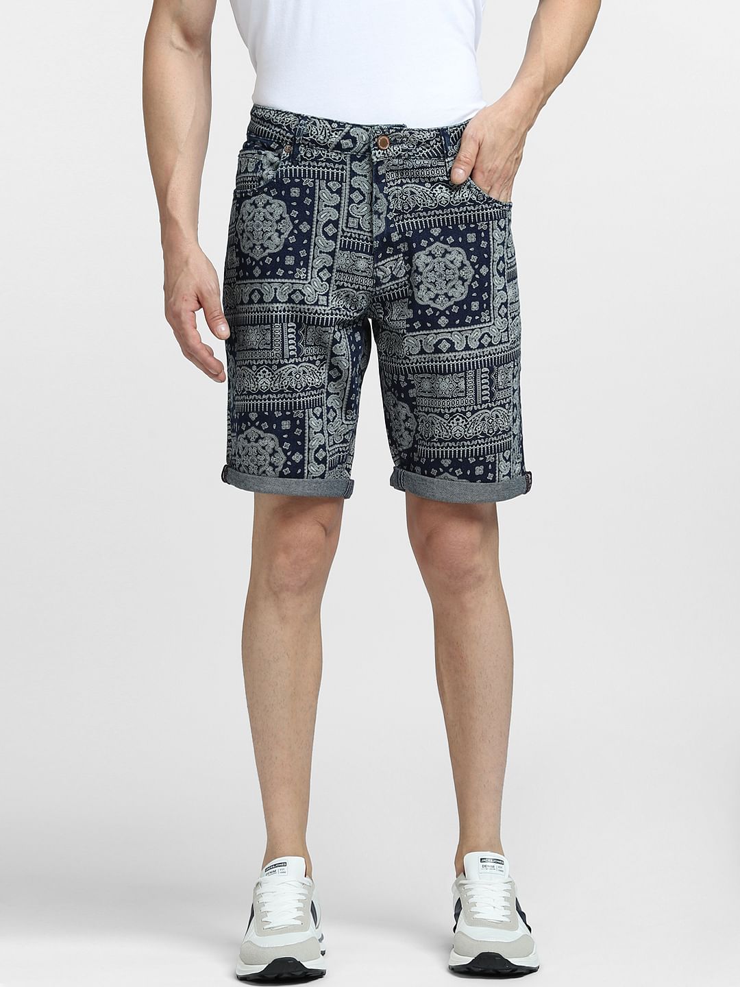Blue Low Rise Printed Co-ord Denim Shorts