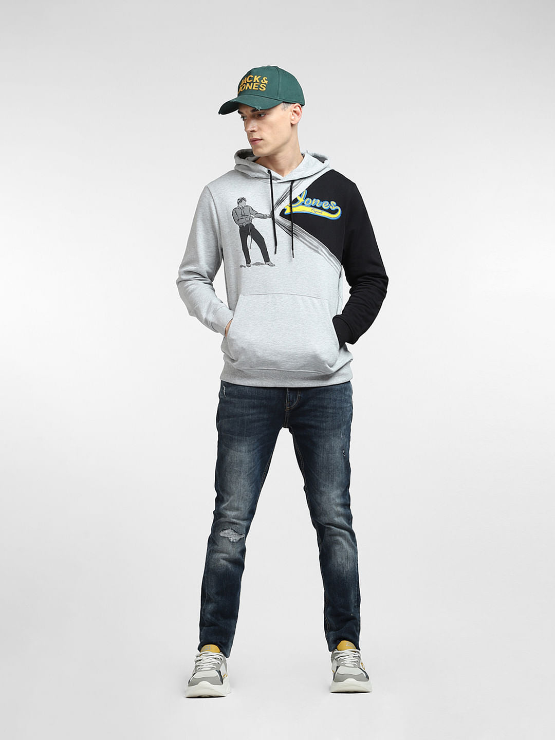 Grey Colourblocked Hooded Sweatshirt