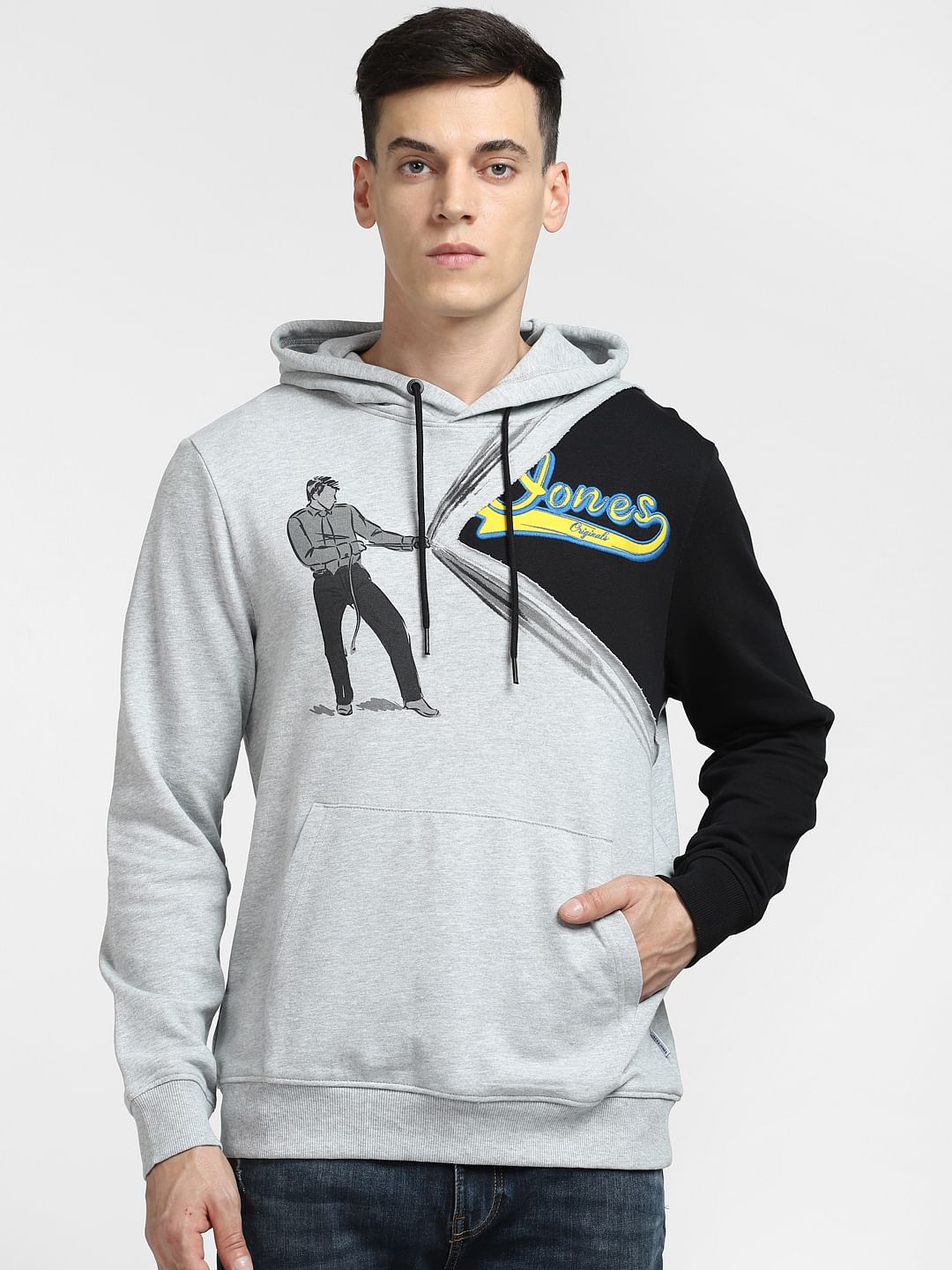 Grey Colourblocked Hooded Sweatshirt