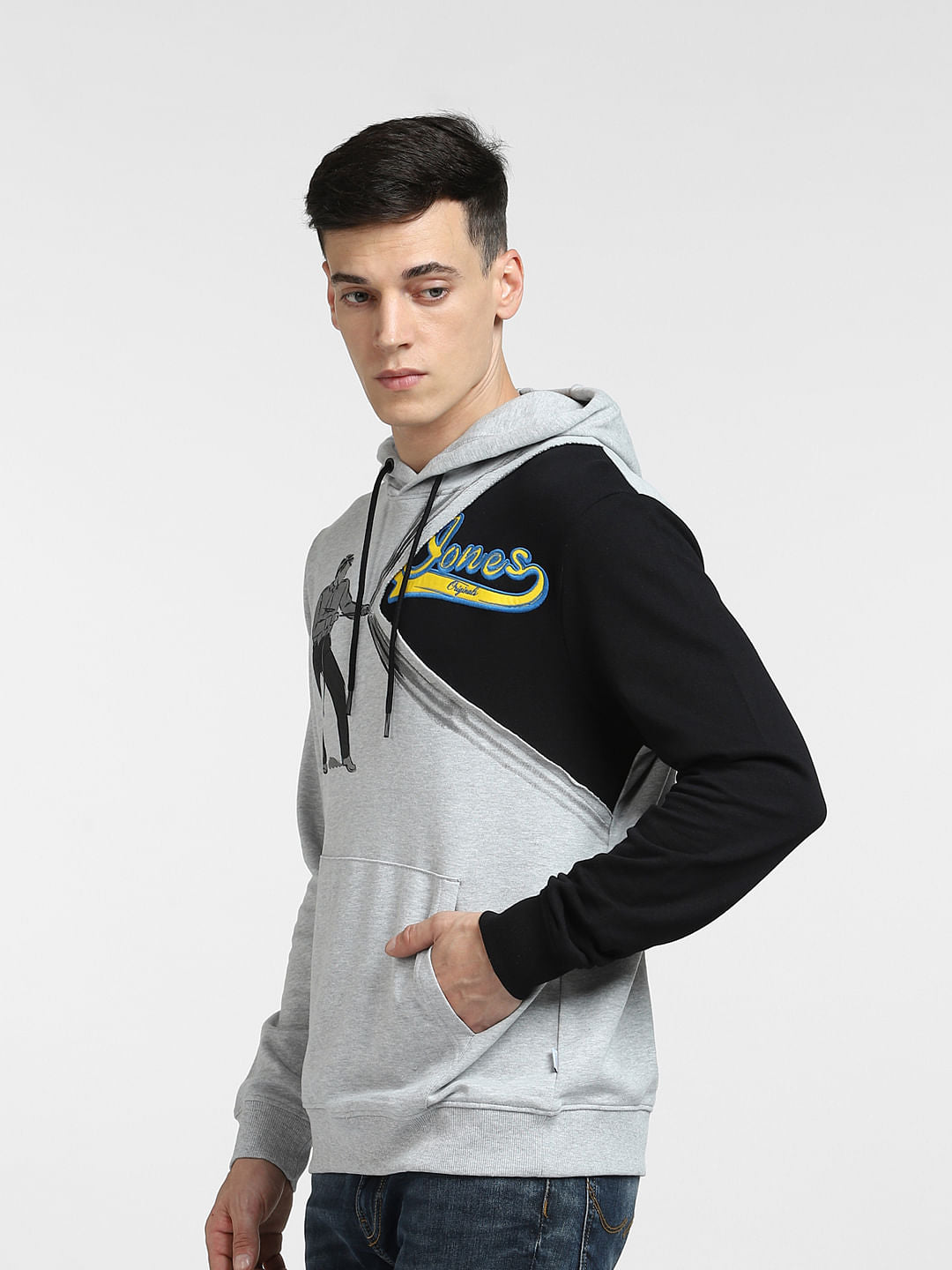 Grey Colourblocked Hooded Sweatshirt