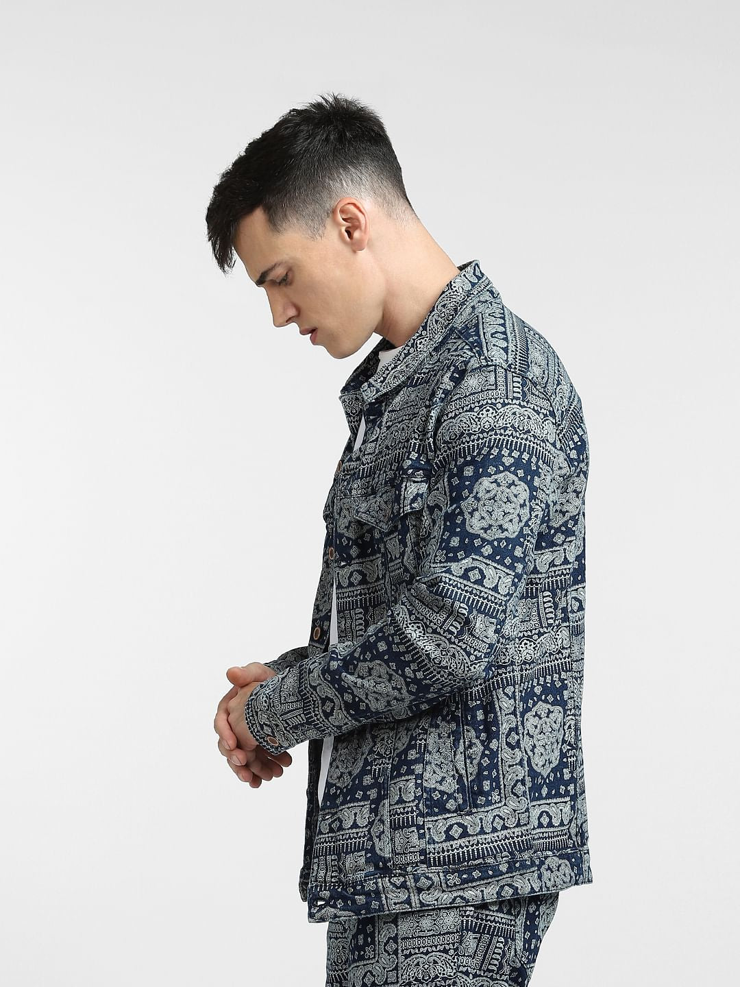 Blue Printed Co-ord Denim Jacket